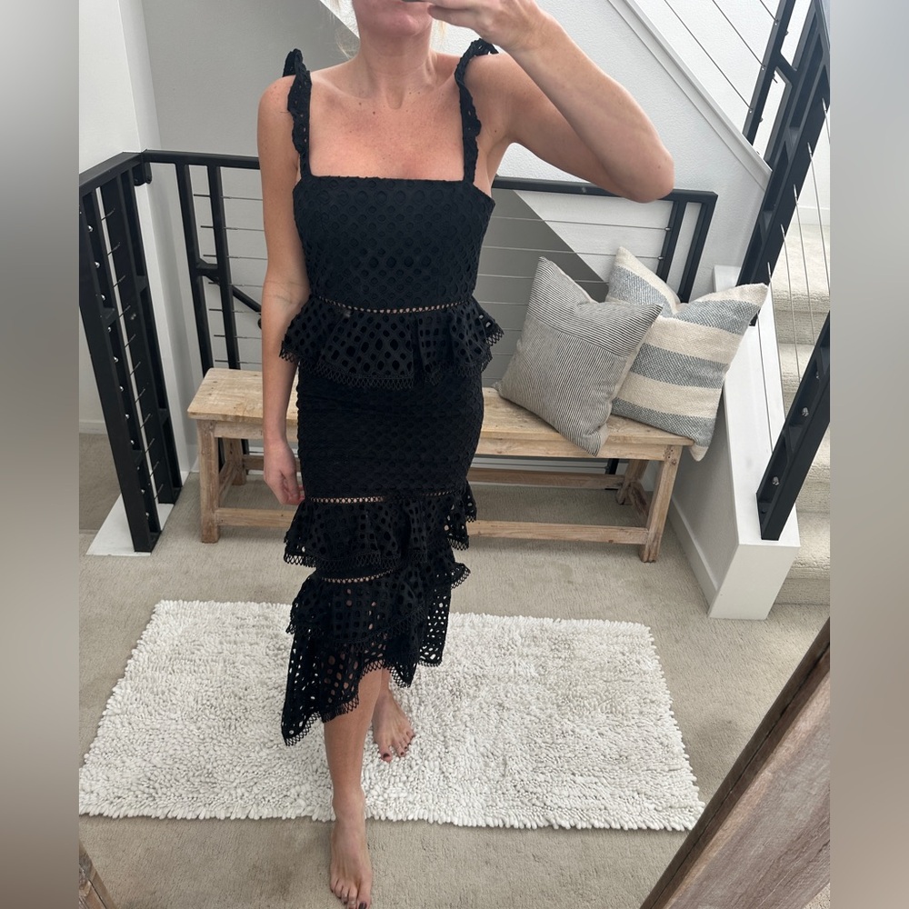 NBD Revolve Black Lace Tiered Midi Dress with Ruffle Straps Wedding Formal XS - Picture 4 of 12